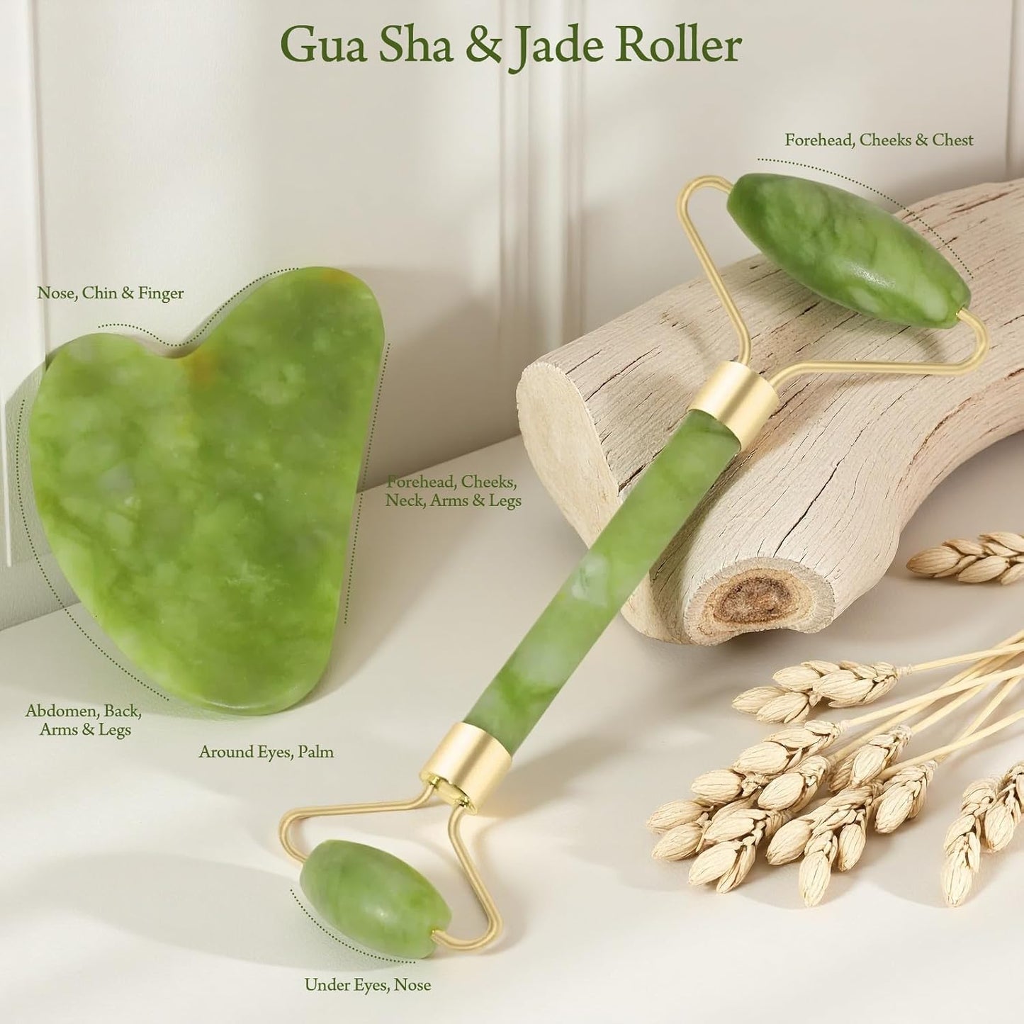 Jade Roller & Gua Sha Set – 5-in-1 Facial Tools Kit for Puffiness (Green)