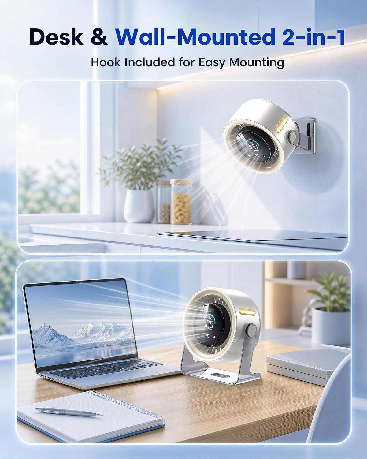 Wall Mounted Fan Rechargeable – Cordless Small Desk Fan with 100 Speeds