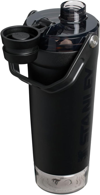 Black STANLEY Vitalize 20oz insulated stainless steel shaker bottle with leakproof twist-on lid and base storage for protein shakes