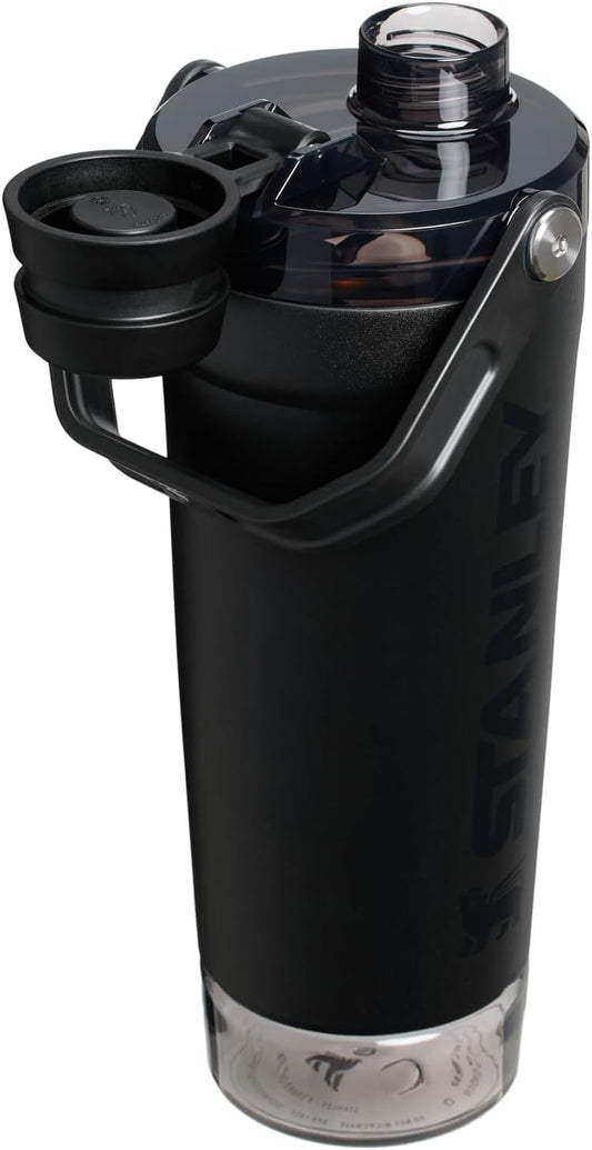Black STANLEY Vitalize 20oz insulated stainless steel shaker bottle with leakproof twist-on lid and base storage for protein shakes