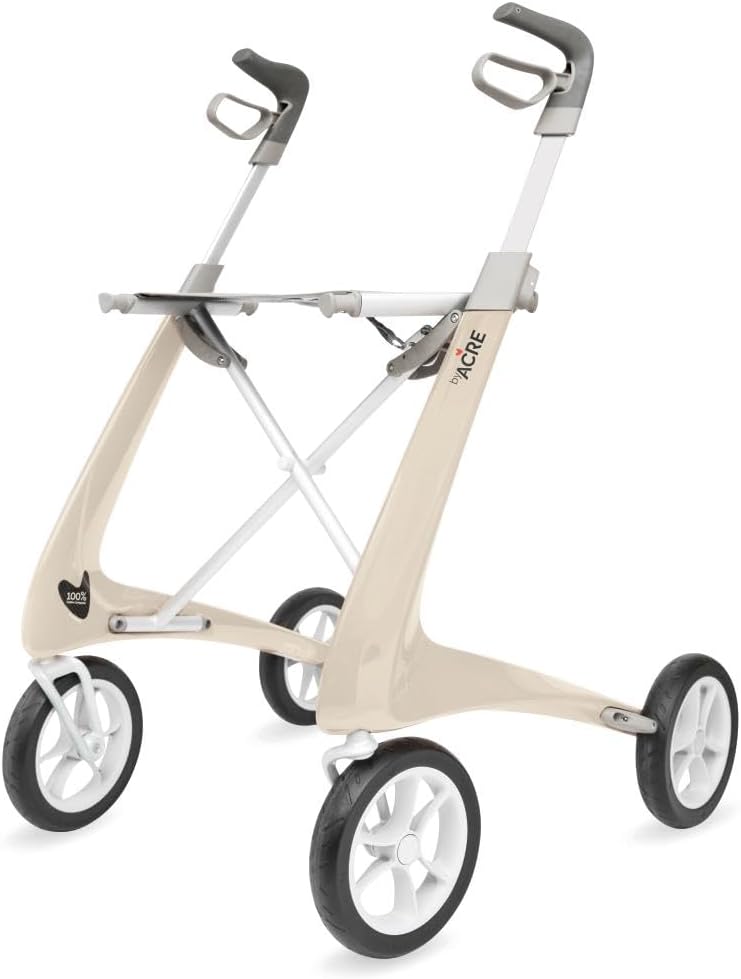 byACRE Carbon Ultralight Rollator walker in Oyster White with padded seat and organizer bag