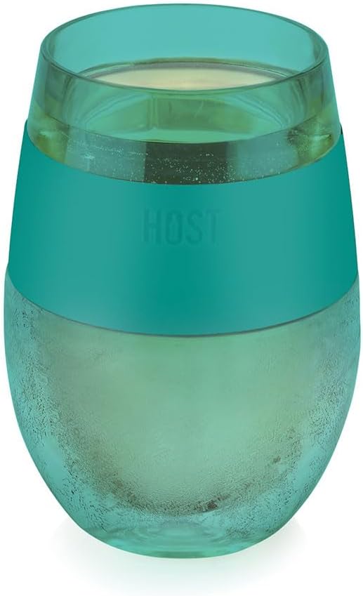 Freezable stemless wine tumblers with insulated cooling gel walls for chilled wine