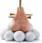 Funny novelty golf ball holder clipped to a golf bag holding two golf balls and tees