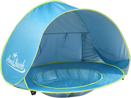 Monobeach pop up baby beach tent with UV sun canopy and built-in play pool on the sand