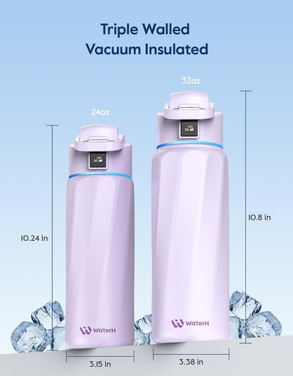 WaterH Smart Water Bottle 24oz - Insulated Stainless Steel with Hydration Tracker, Reminder & LED Display