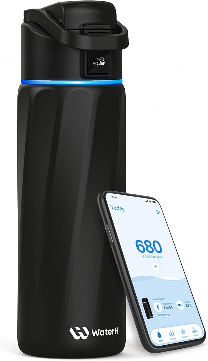 WaterH Smart Water Bottle 24oz - Insulated Stainless Steel with Hydration Tracker, Reminder & LED Display