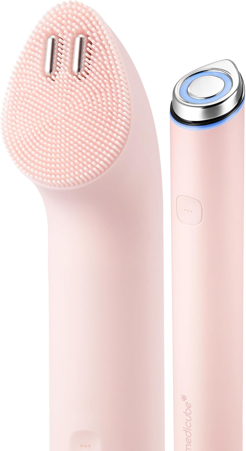 medicube Mini Booster Pro Plus pink 2-in-1 facial cleansing device with brush head