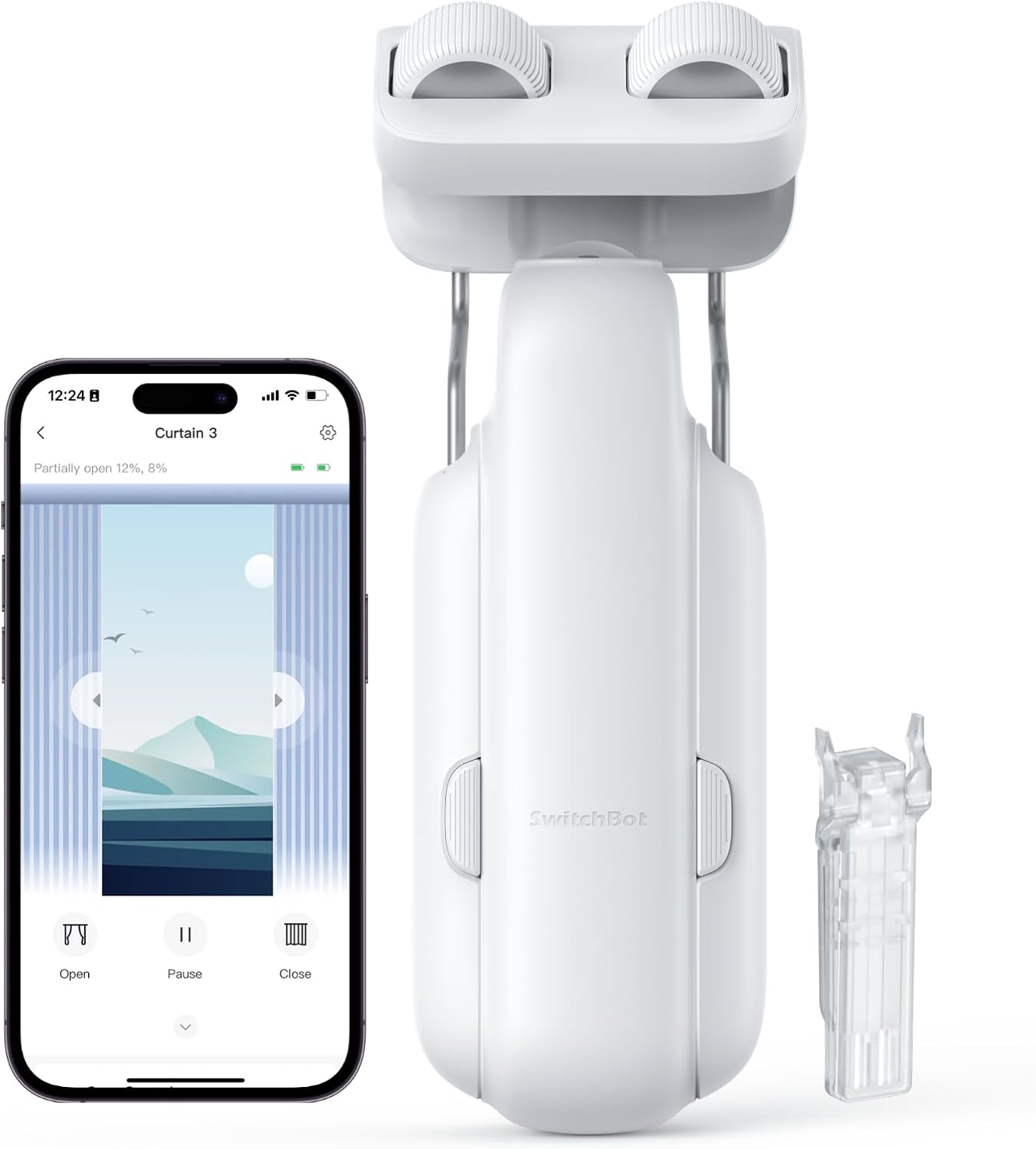 SwitchBot automatic smart curtain opener robot mounted on a curtain rod