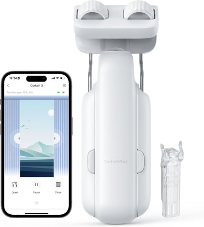 SwitchBot automatic smart curtain opener robot mounted on a curtain rod