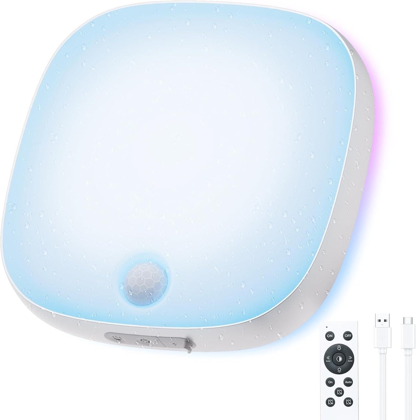 IP65 waterproof motion sensor LED light with RGB colors and remote control mounted on bathroom wall