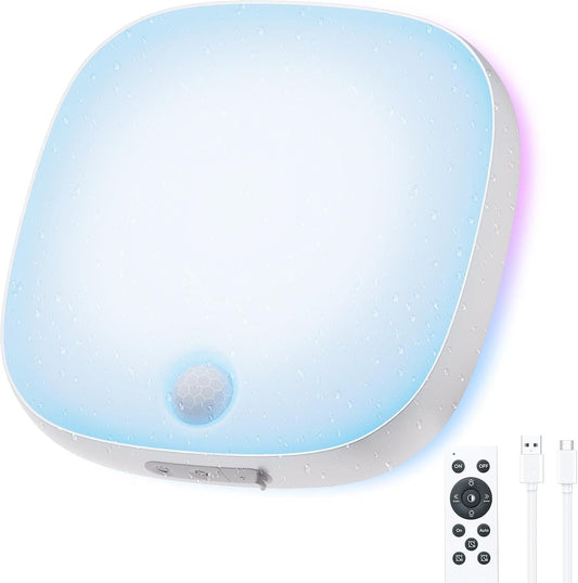 IP65 waterproof motion sensor LED light with RGB colors and remote control mounted on bathroom wall