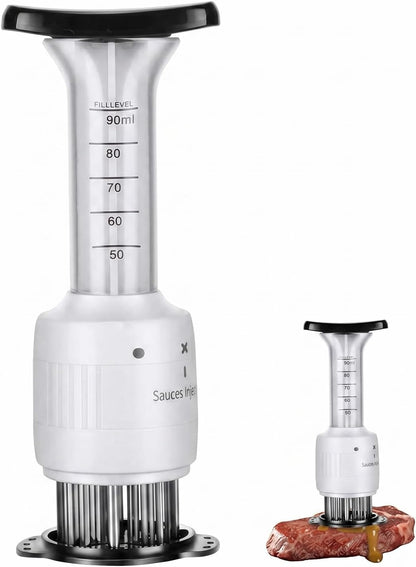 Stainless steel meat injector and tenderizer with marinade needles for BBQ and grilling