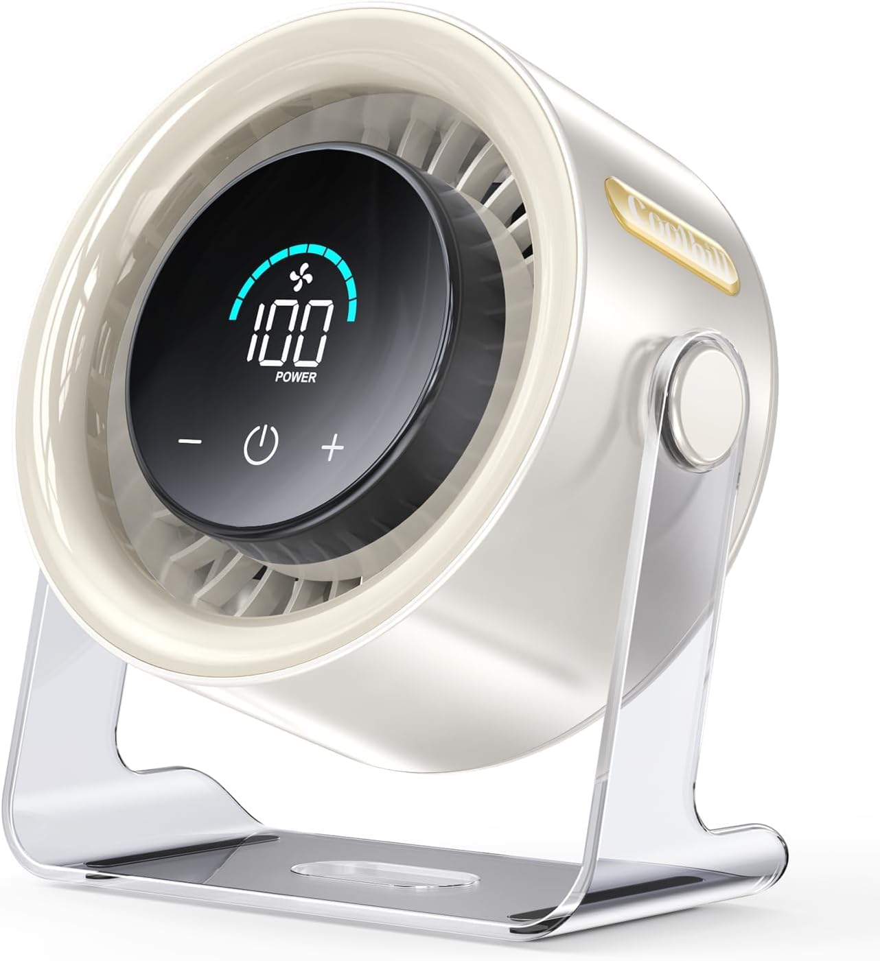 Cordless wall mounted rechargeable fan with LED display and 120 degree tilt on a wall