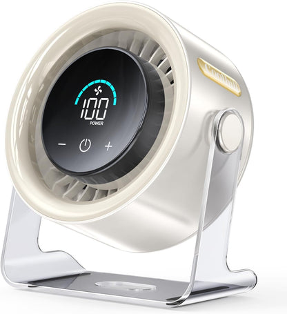Cordless wall mounted rechargeable fan with LED display and 120 degree tilt on a wall
