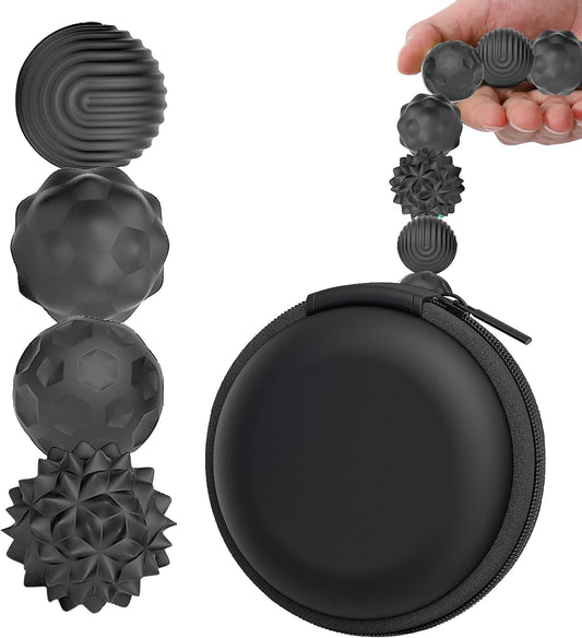 Four textured silicone magnetic fidget balls in a set with two connected together