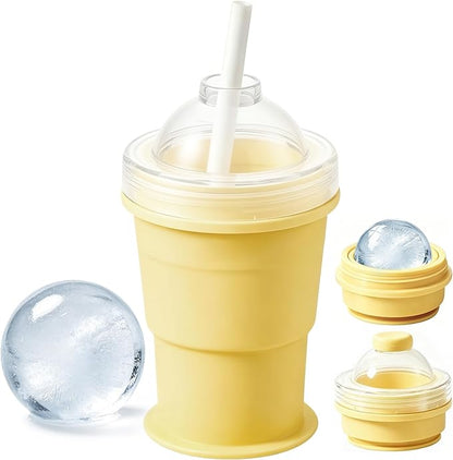 2-in-1 Silicone Ice Ball Maker Cup – Collapsible Travel Tumbler with Straw