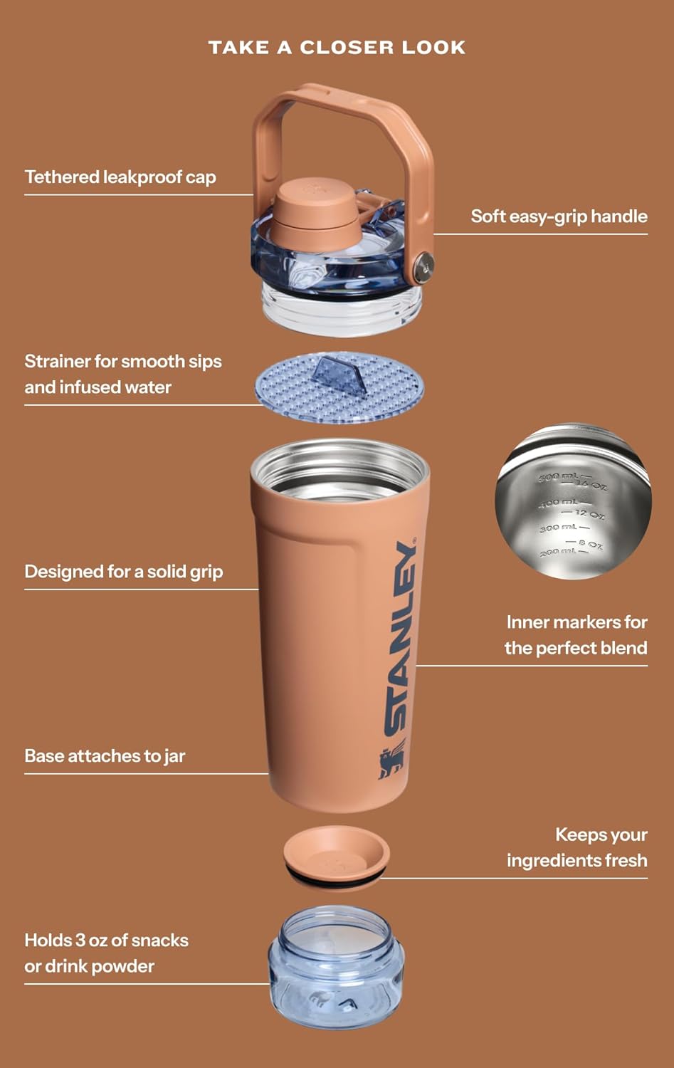 STANLEY Vitalize Shaker Bottle 20oz - Leakproof Insulated Stainless Steel Protein Shaker Cup with Storage Base
