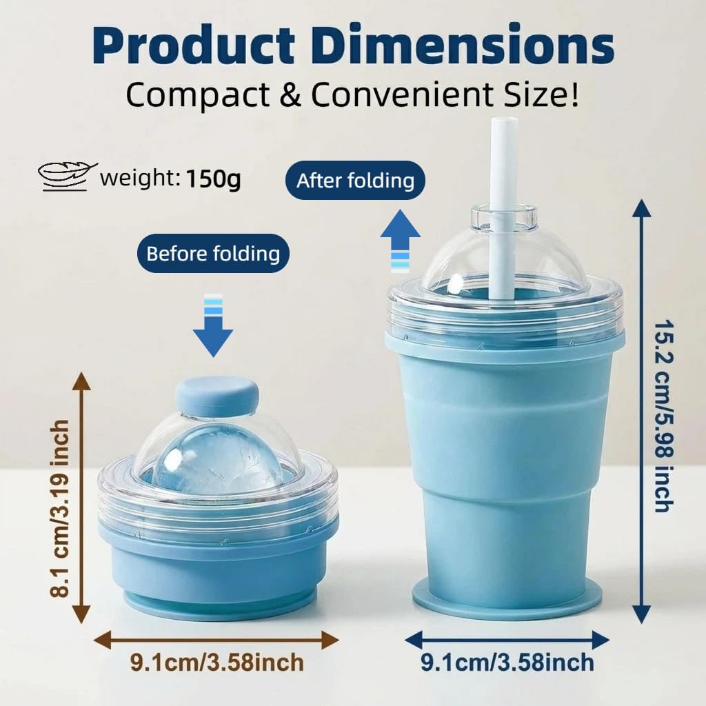 2-in-1 Silicone Ice Ball Maker Cup – Collapsible Travel Tumbler with Straw