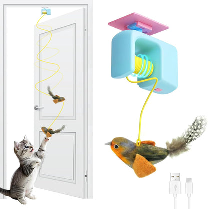 Blue automatic hanging cat toy with realistic bird design
