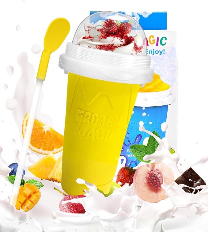 Squeeze Slushy Maker Cup - DIY Frozen Slushie Cup with 2-in-1 Spoon Straw, Silicone Ice Cup for Summer