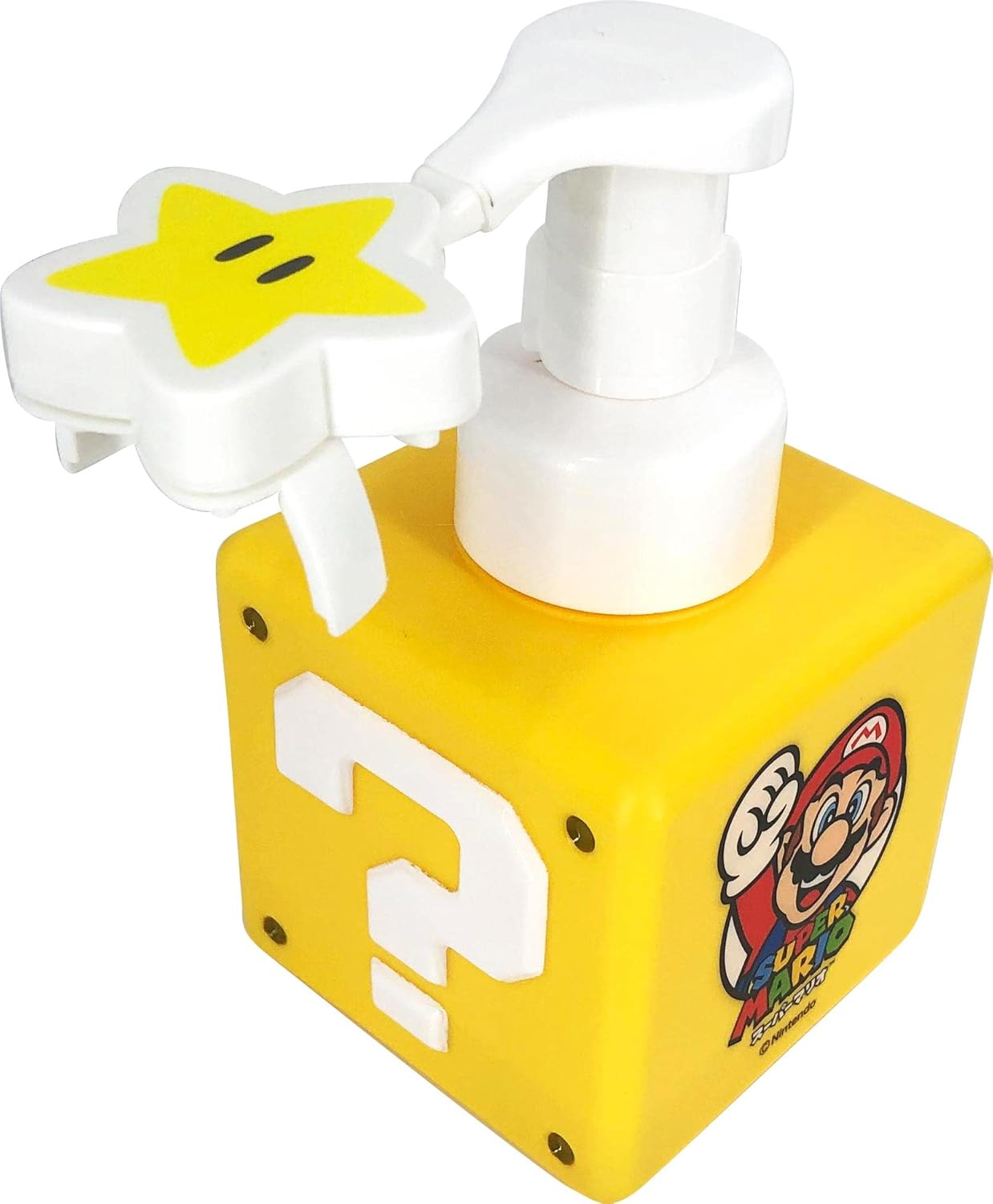 Yellow Super Mario Question Block foam soap dispenser on a bathroom counter