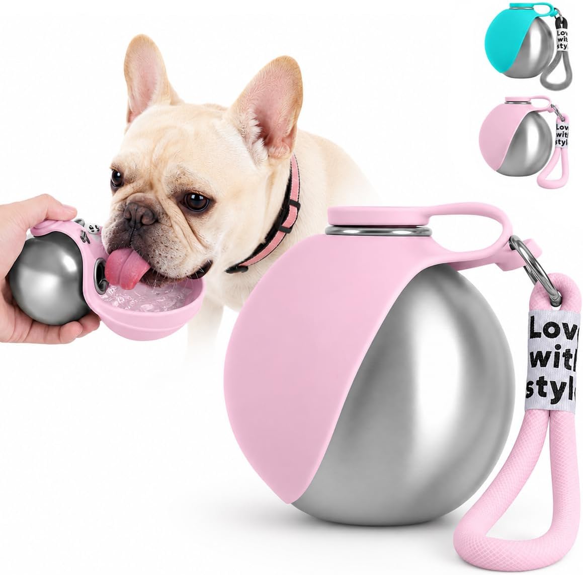 Portable stainless steel dog water bottle with foldable silicone bowl and carry rope