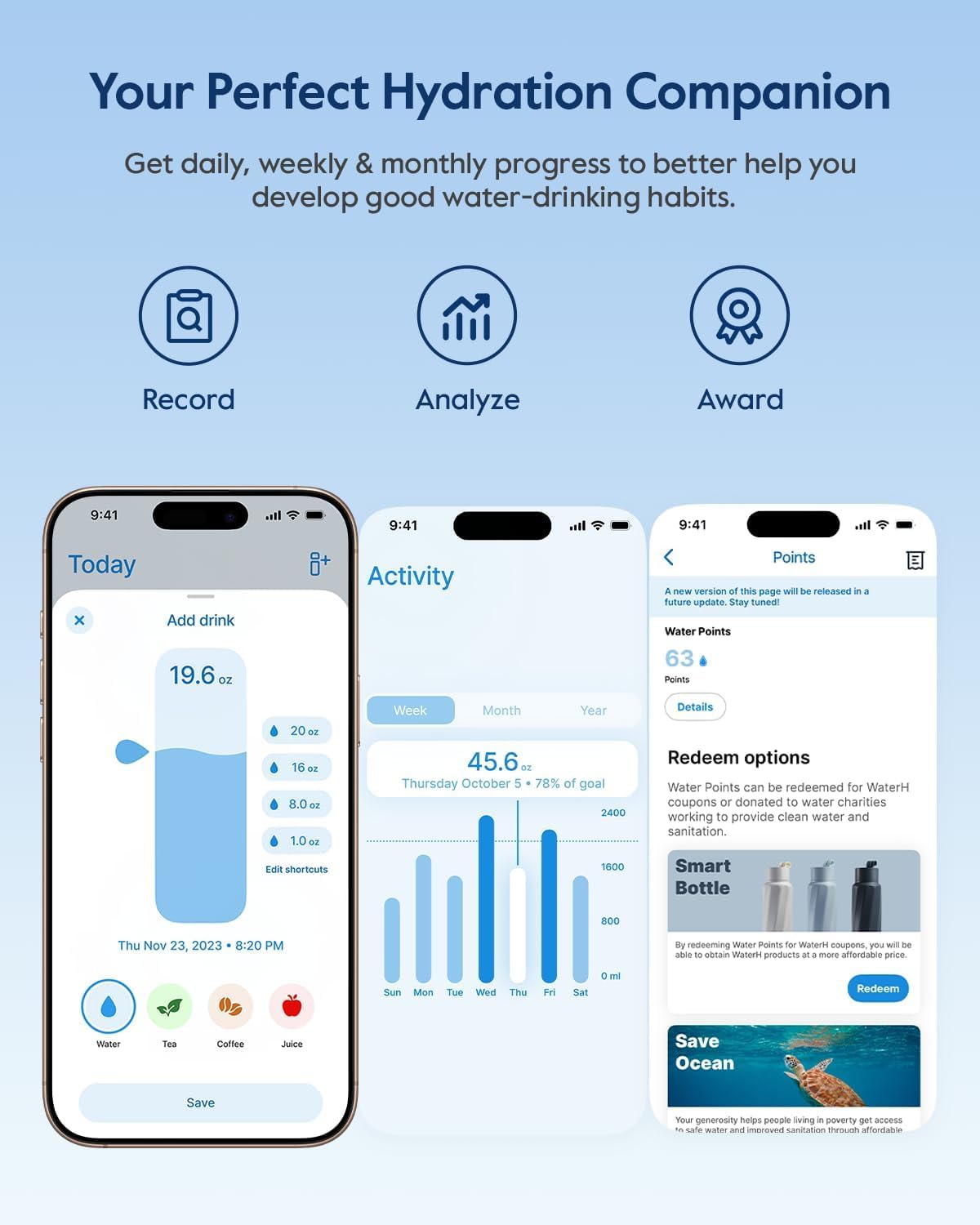 WaterH Smart Water Bottle 24oz - Insulated Stainless Steel with Hydration Tracker, Reminder & LED Display