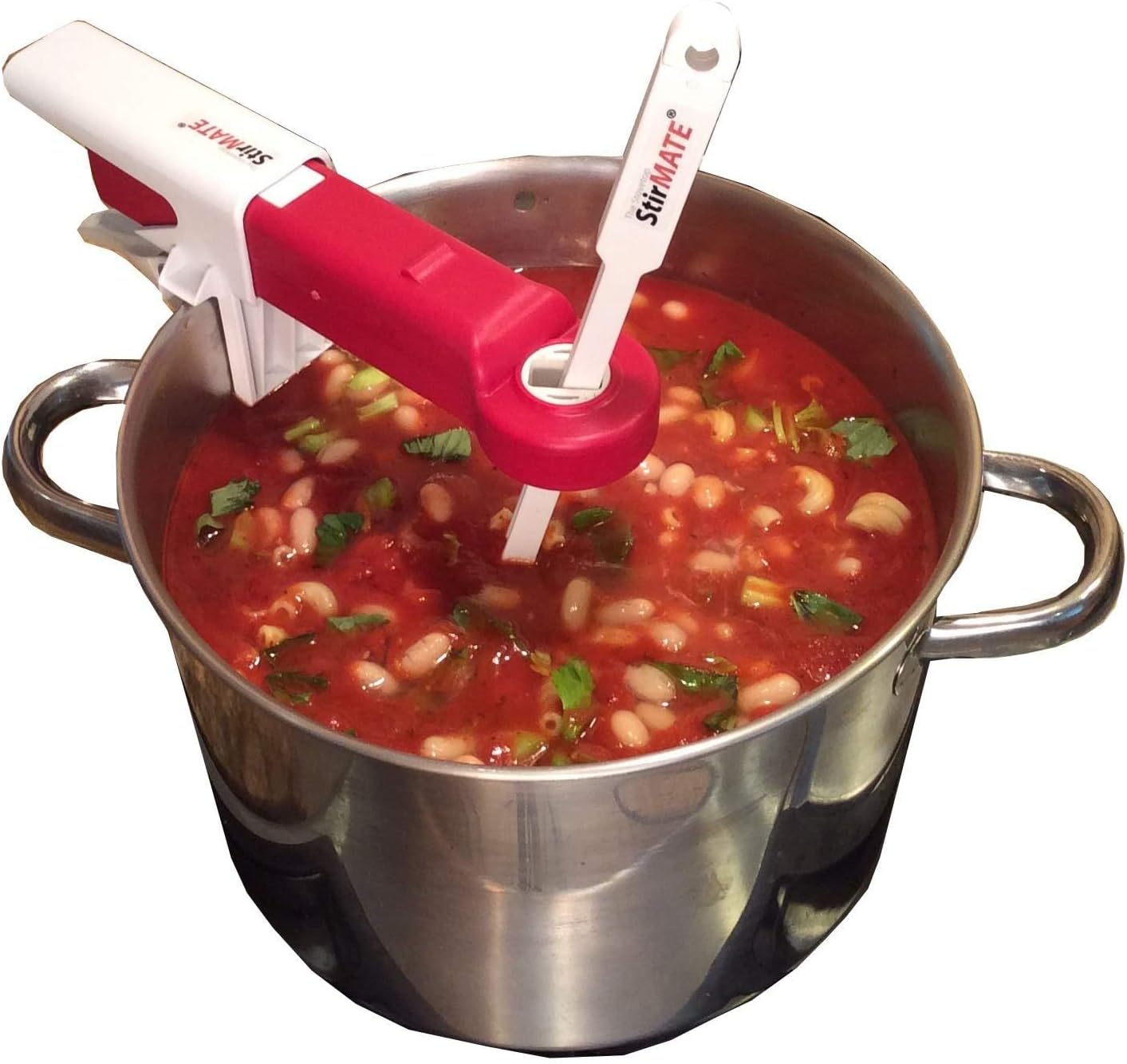 StirMATE automatic hands-free pot stirrer stirring soup in a pot, cordless kitchen stirrer for sauces and risotto
