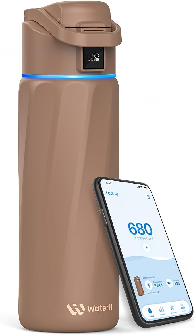 WaterH Smart Water Bottle 24oz - Insulated Stainless Steel with Hydration Tracker, Reminder & LED Display