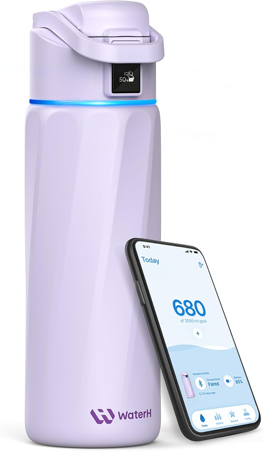 WaterH smart water bottle 24oz insulated stainless steel with hydration tracker, LED display and glowing lid halo reminder