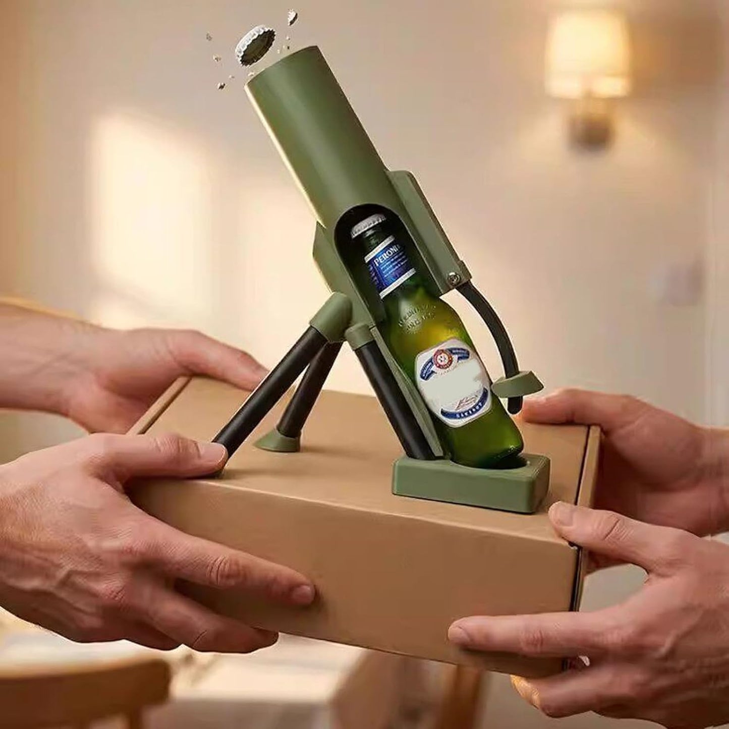 Mortar Bottle Opener – Automatic One-Hand Beer Cap Popper Novelty Gift
