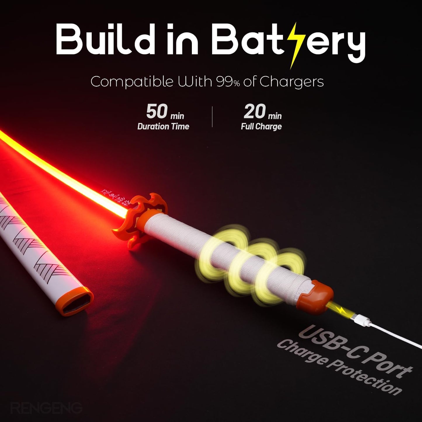 Light-Up LED Cosplay Sword – Rechargeable 40" Prop with Spinner & Holster