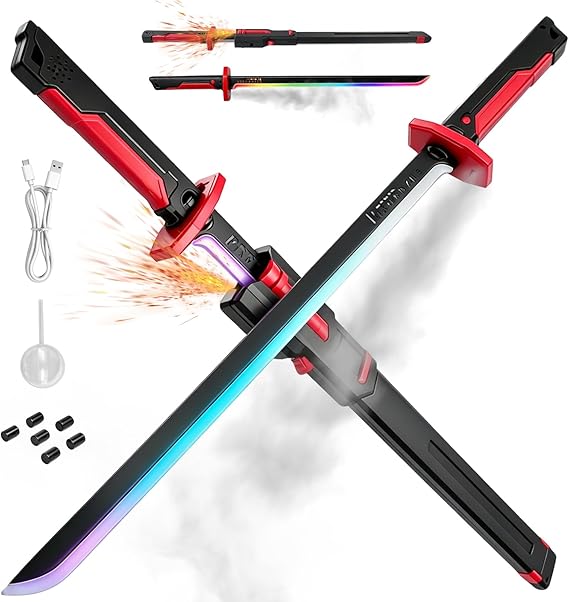 RGB LED sparking cyberpunk sword glowing with color-flow light and spark effects