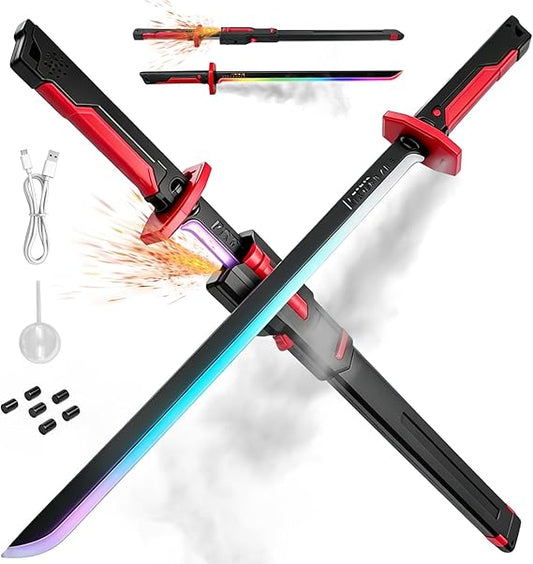 RGB LED sparking cyberpunk sword glowing with color-flow light and spark effects