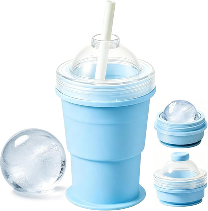 2-in-1 collapsible silicone ice ball maker cup and travel tumbler with leakproof lid and reusable straw