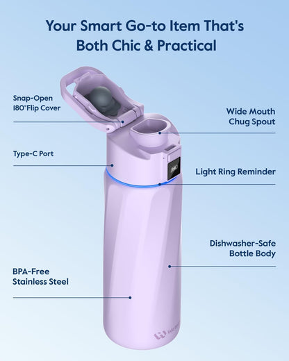 WaterH Smart Water Bottle 24oz - Insulated Stainless Steel with Hydration Tracker, Reminder & LED Display