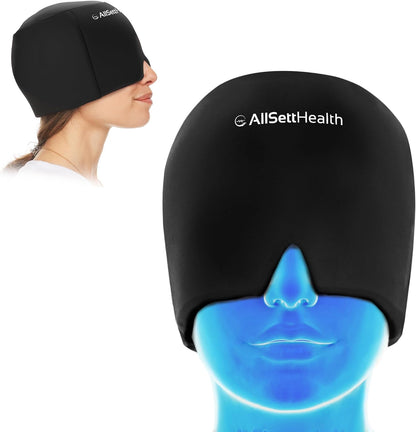 Black migraine relief cap hot and cold gel ice head wrap with eye mask