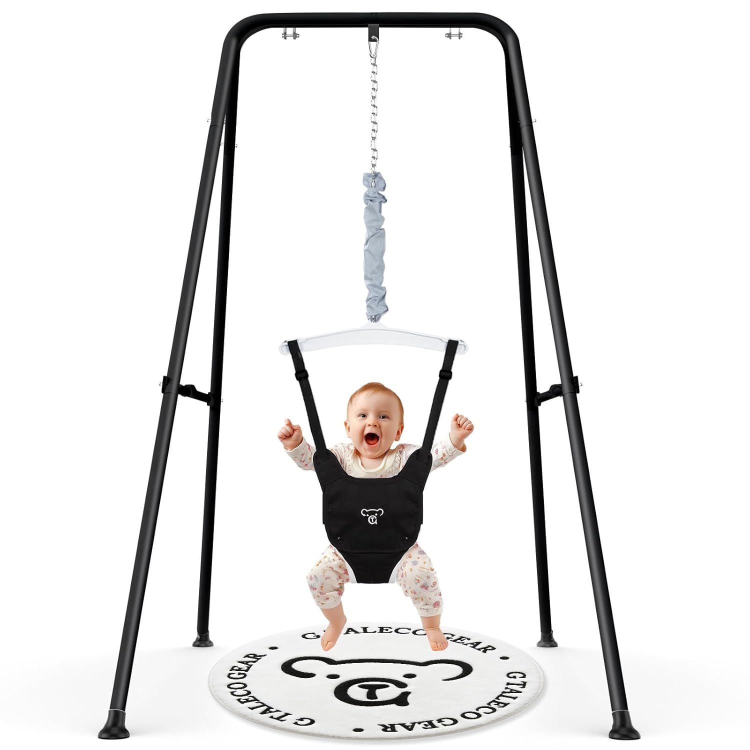 Freestanding baby standing jumper with supportive saddle seat for indoor and outdoor play