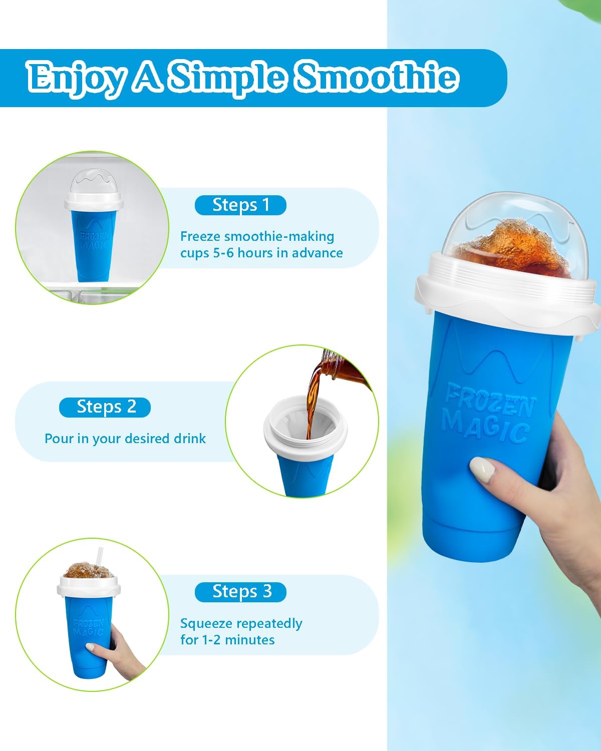 Squeeze Slushy Maker Cup - DIY Frozen Slushie Cup with 2-in-1 Spoon Straw, Silicone Ice Cup for Summer