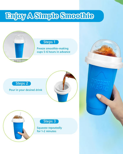 Squeeze Slushy Maker Cup - DIY Frozen Slushie Cup with 2-in-1 Spoon Straw, Silicone Ice Cup for Summer