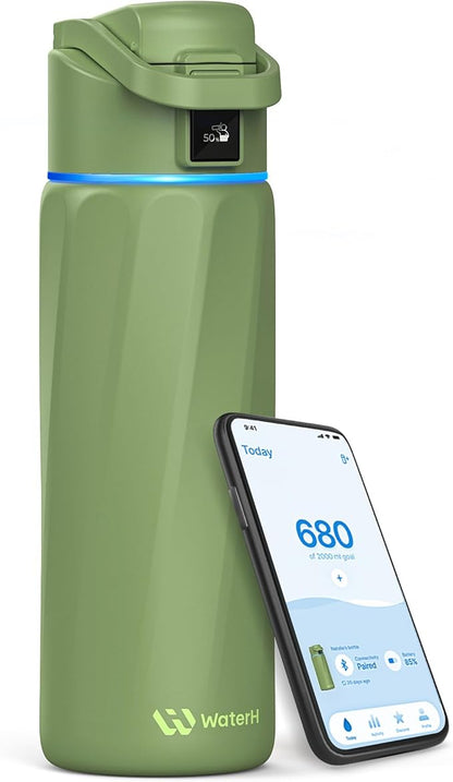 WaterH Smart Water Bottle 24oz - Insulated Stainless Steel with Hydration Tracker, Reminder & LED Display