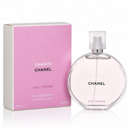 Chanel Chance Eau Tendre perfume bottle and its pink packaging box on a white background.