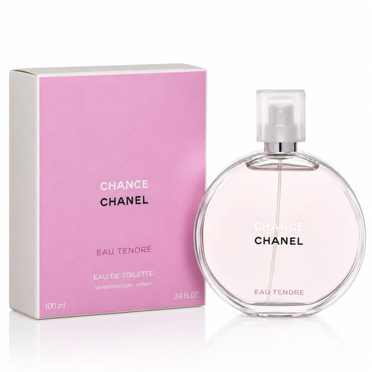 Chanel Chance Eau Tendre perfume bottle and its pink packaging box on a white background.