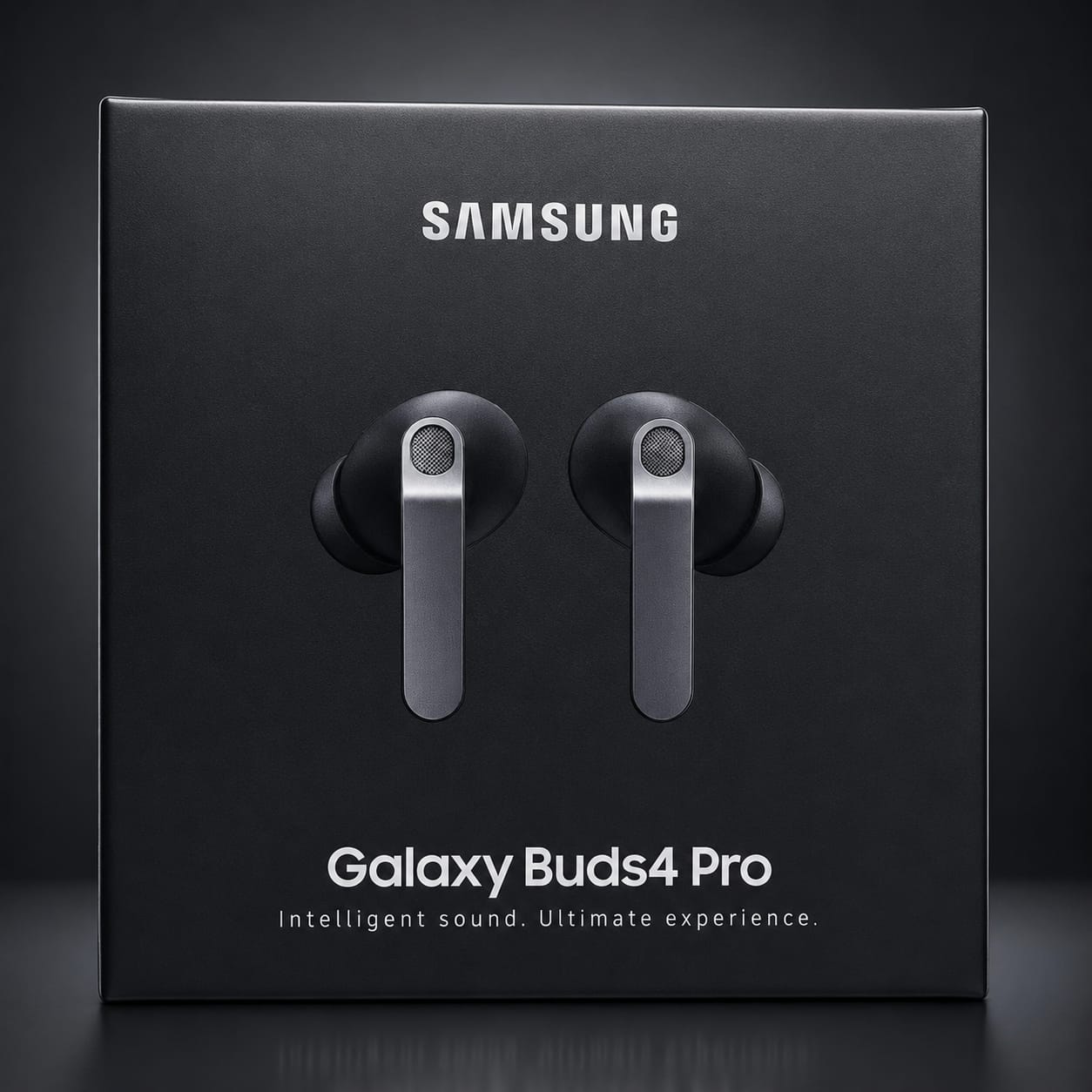 Samsung Galaxy Buds4 Pro wireless earbuds retail box shown from the front on a dark studio background. The black packaging features a centered rendering of the earbuds and white SAMSUNG and model text.