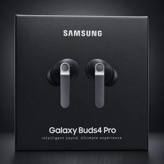 Samsung Galaxy Buds4 Pro wireless earbuds retail box shown from the front on a dark studio background. The black packaging features a centered rendering of the earbuds and white SAMSUNG and model text.