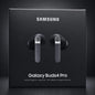 Samsung Galaxy Buds4 Pro wireless earbuds retail box shown from the front on a dark studio background. The black packaging features a centered rendering of the earbuds and white SAMSUNG and model text.
