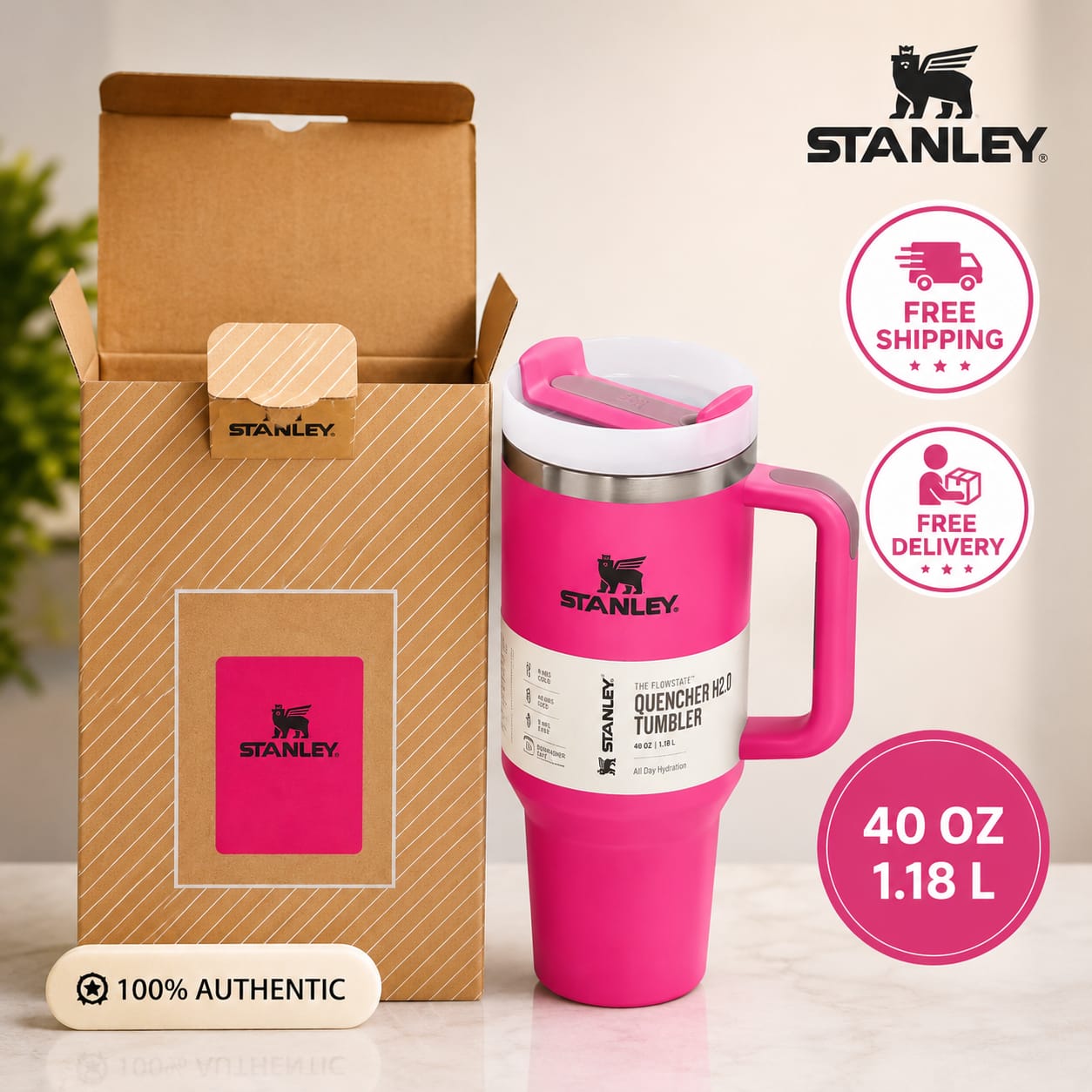 Stanley Quencher H2.0 Hot Pink Tumbler 40 oz with Handle