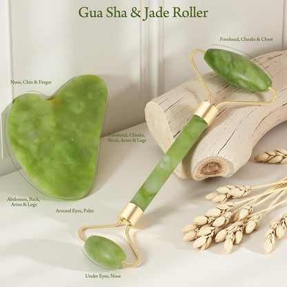 Jade Roller & Gua Sha Set – 5-in-1 Facial Tools Kit for Puffiness (Green)