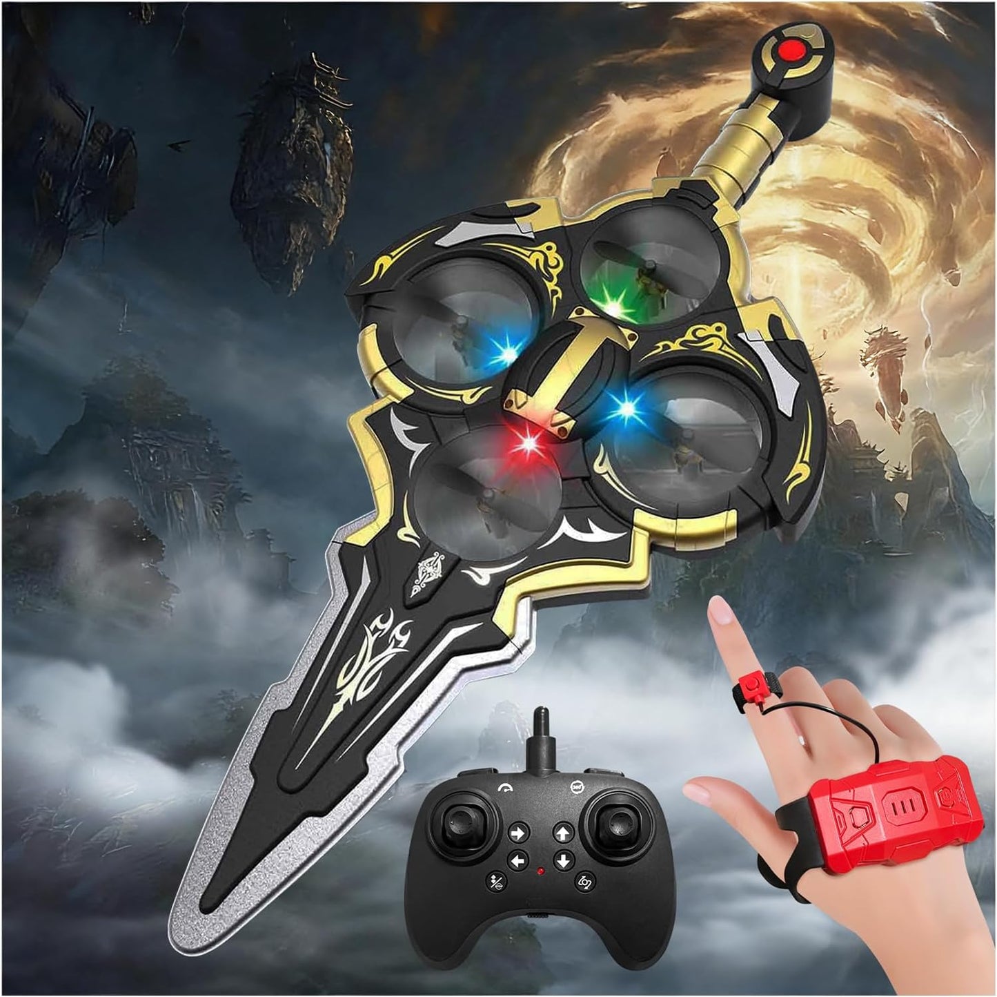 Flying sword drone with glowing LED lights hovering in mid air