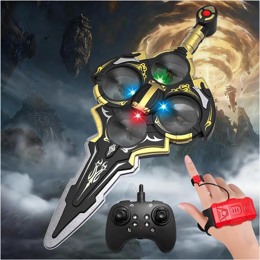 Flying sword drone with glowing LED lights hovering in mid air